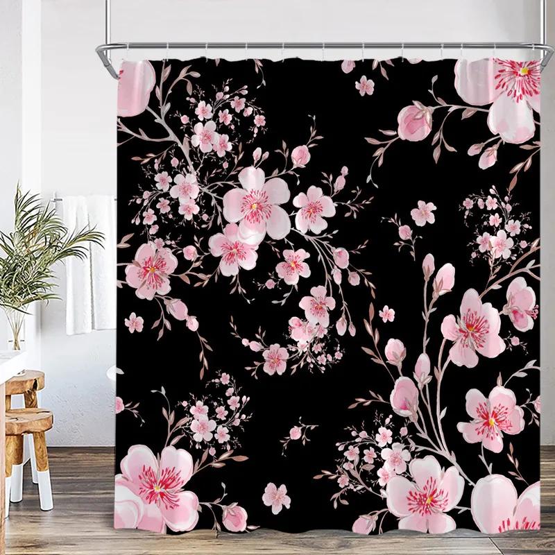 Pink Rose Floral Shower Curtains Rustic Flowers Green Leaves Modern Fabric Home Bathroom Decorative Bath Curtain Set With Hooks