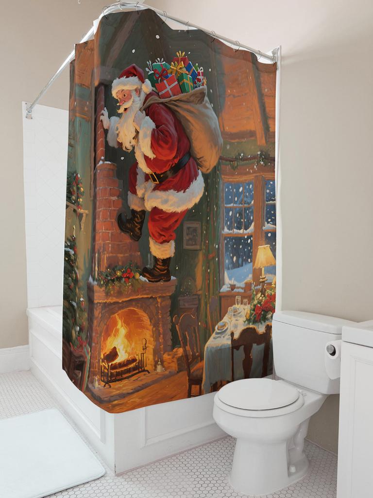 Santa Claus Climbing Chimney with Gifts Christmas Shower Curtain Festive Decor for Bathroom Christmas Party Home Accent