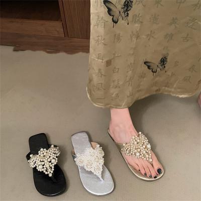Gentle Fairy Wind Toe Slippers Female Summer Wear Retro Style Sandals Pearl Flip-flops Beach Shoes