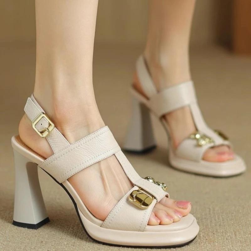2025 Women's Fashion Sandals Metal Decoration One-line Buckle Square Heel Women Shoes Dress French Square Toe Sandalias De Mujer
