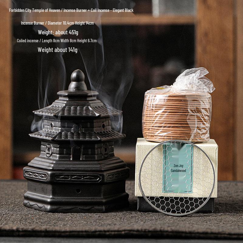 Compact Zen-Inspired Ceramic Incense Burner and Holder in Black Pottery