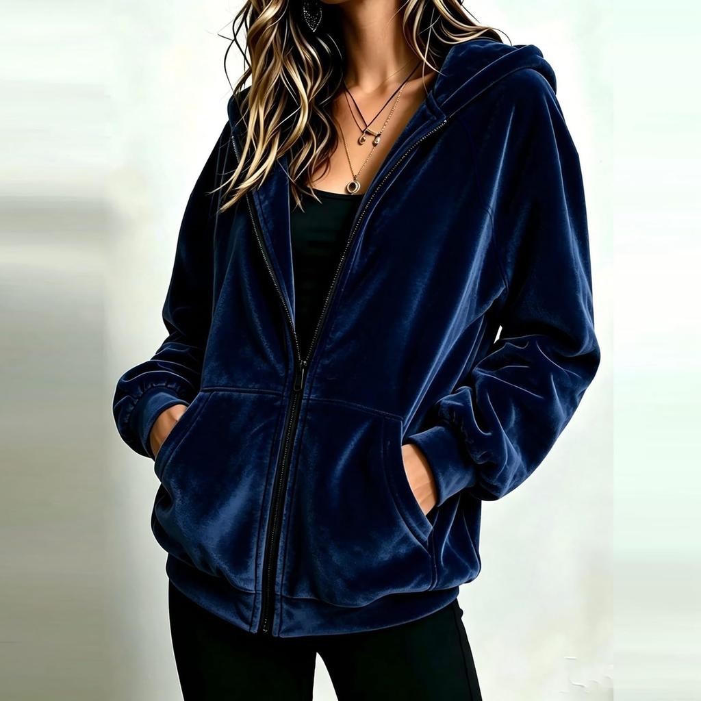Women's Casual Zip-Up Hoodie, Loose Fit, Color, Long Sleeve