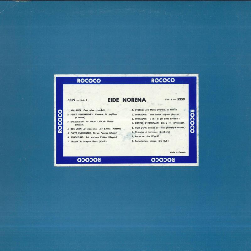 

LP Record EIDE NORENA Eide Norena 5359 ROCOCO Canada Classical Used