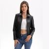 PU Faux Leather Jacket Women Fashion Cross-border Leather Jacket New Short Jacket Knitted Splicing Turn Down Collar Outerwear