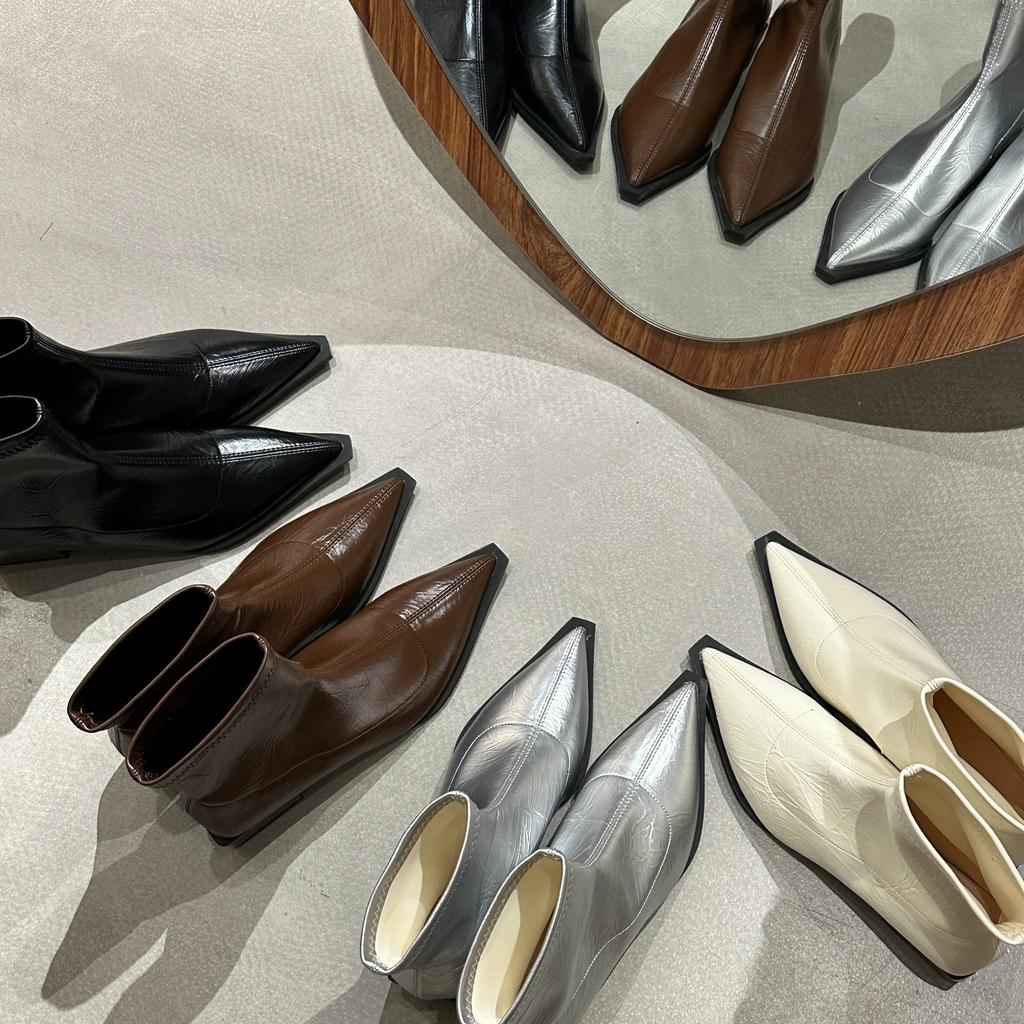 New Pointed Toe Women Ankle Boots Fashion Thick Heel Slimming Short Booties Autumn Winter Soft Leather Female Shoes