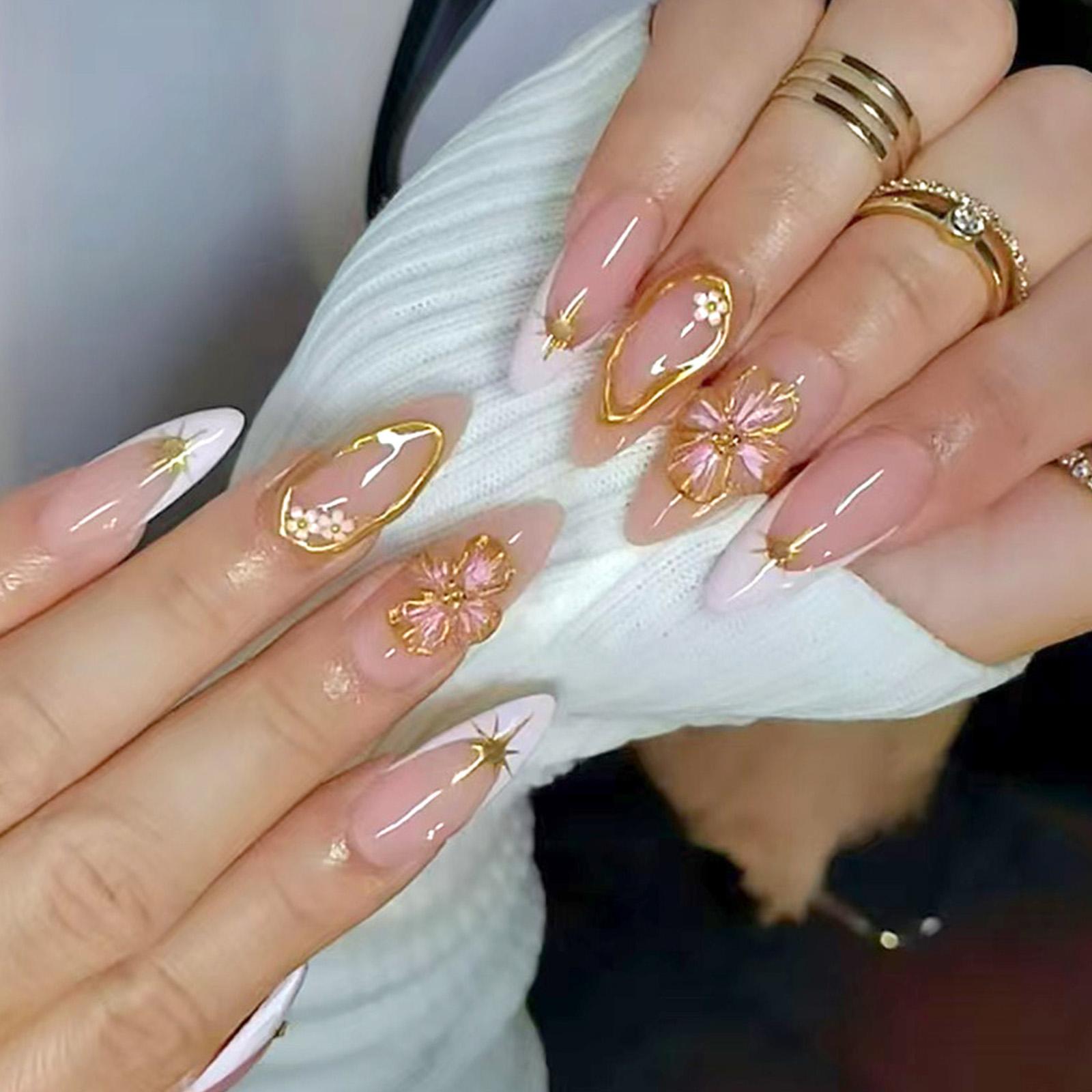 

24 шт. Миндальные накладные ногти Полное покрытие Наклейки для ногтей с 3D цветочным шармом Акриловые накладные ногти Маникюр Искусство Украшение