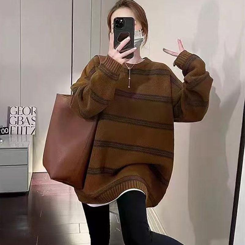 Women's Thickened Striped Wool Pullover: Hong Kong Style Loose Autumn/Winter Sweater