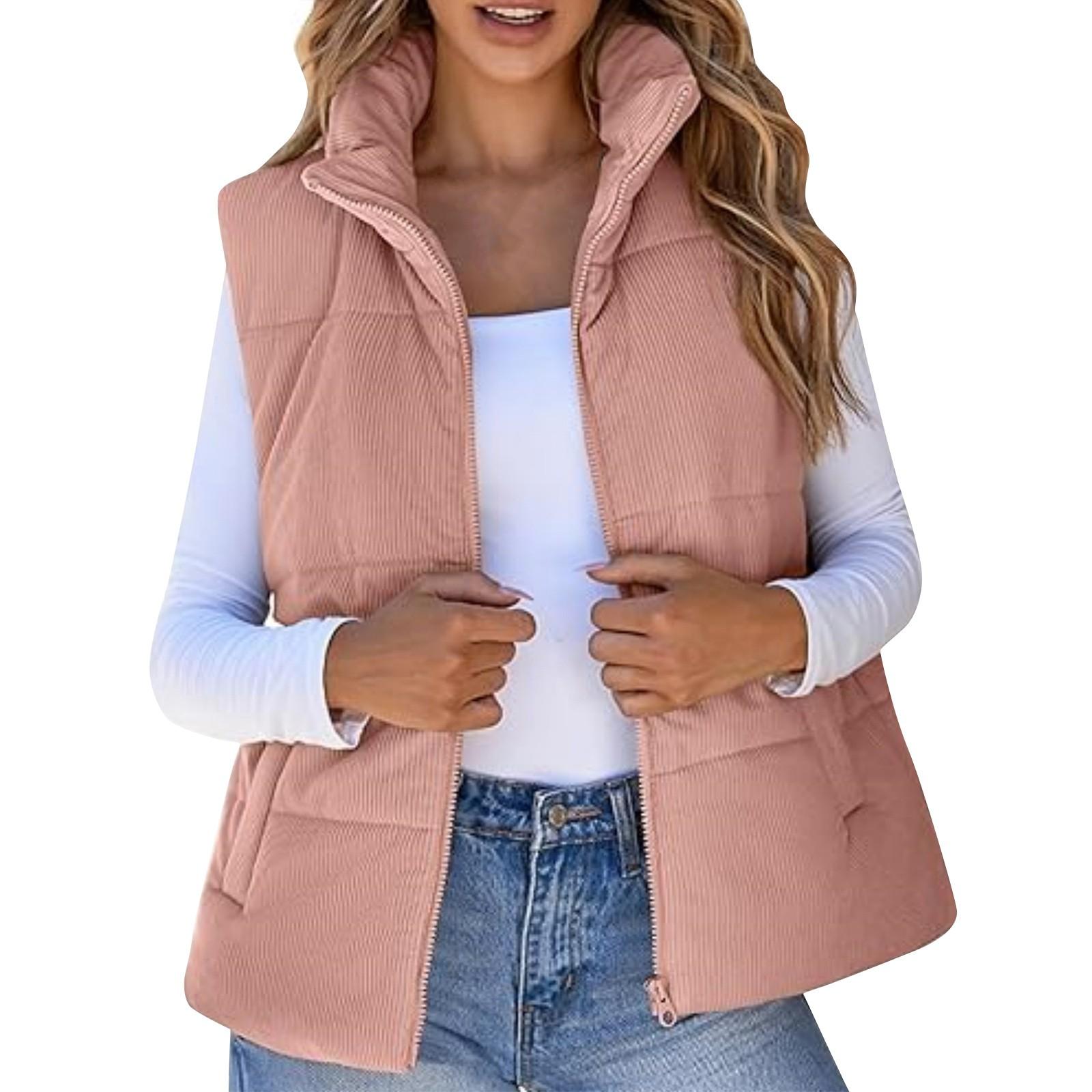 

Женская модная повседневная куртка-жилет без рукавов на молнии с однотонным утолщенным узором XXL розовый