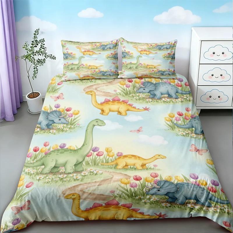 Cute Dinosaur Bedding Set, Cartoon Kids Dino Duvet Cover Pillowcase, for Boys Girls Bedroom Decor Twin Full 2/3Piece Bed Set