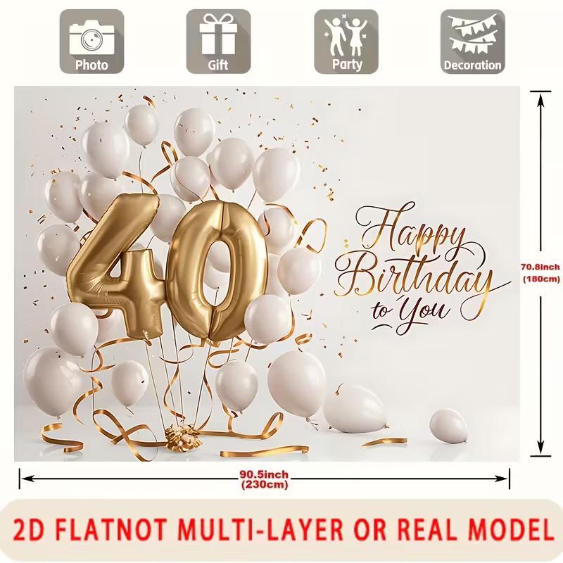2D  Happy 40th Birthday  Backdrop, Gold Confetti & White Balloons Party Background 47.2x31.5inch/120*80cm