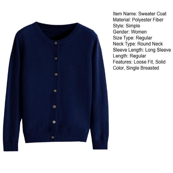 Women Knitted Sweater Coat Round Neck Long Sleeve Single Breasted Solid Color Knitting Cardigan Daily Wear