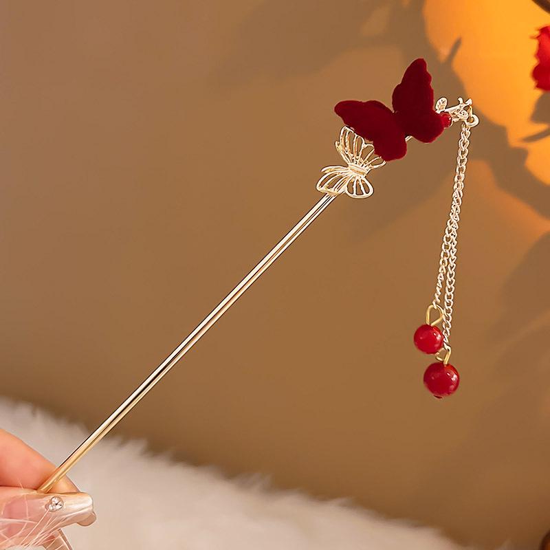 Red Chinese Flower Tassel Hairpin for Women s Updo