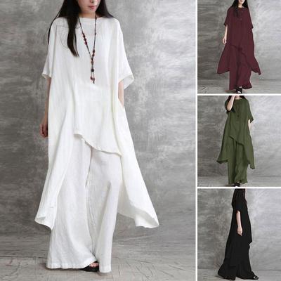 Completo sportivo casual da donna coreana in cotone e lino, 2024, composto da 2 pezzi: top a maniche corte con scollo a V e pantaloni