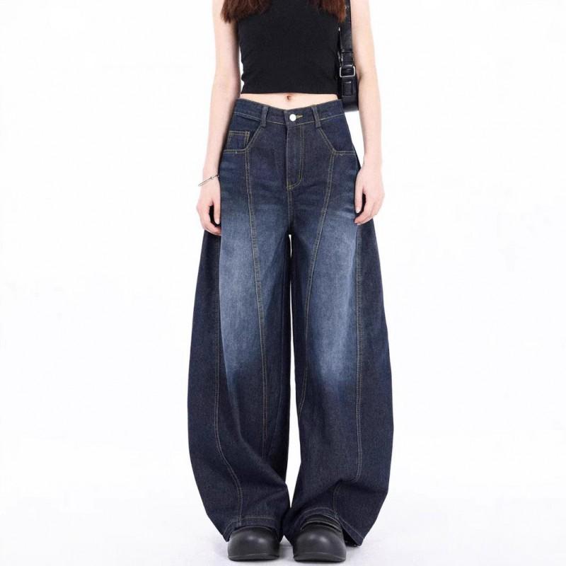Womens High-Waisted Baggy Wide-Leg Denim Jeans Water Washed Blue Streetwear Style
