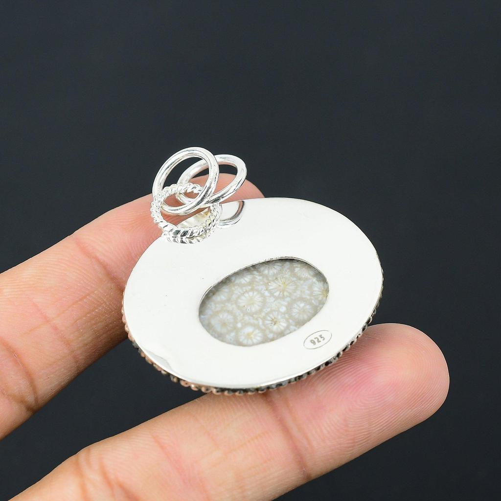 Friendship Day Sale Oval Fossil Coral Stone 925 Silver Elegant Pendant Jewelry