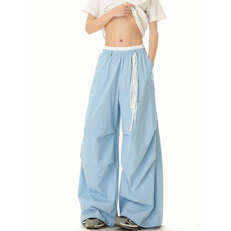 

Light blue high-waisted overalls women s summer new lazy wind wide-leg loose casual sports paratrooper pants S синий