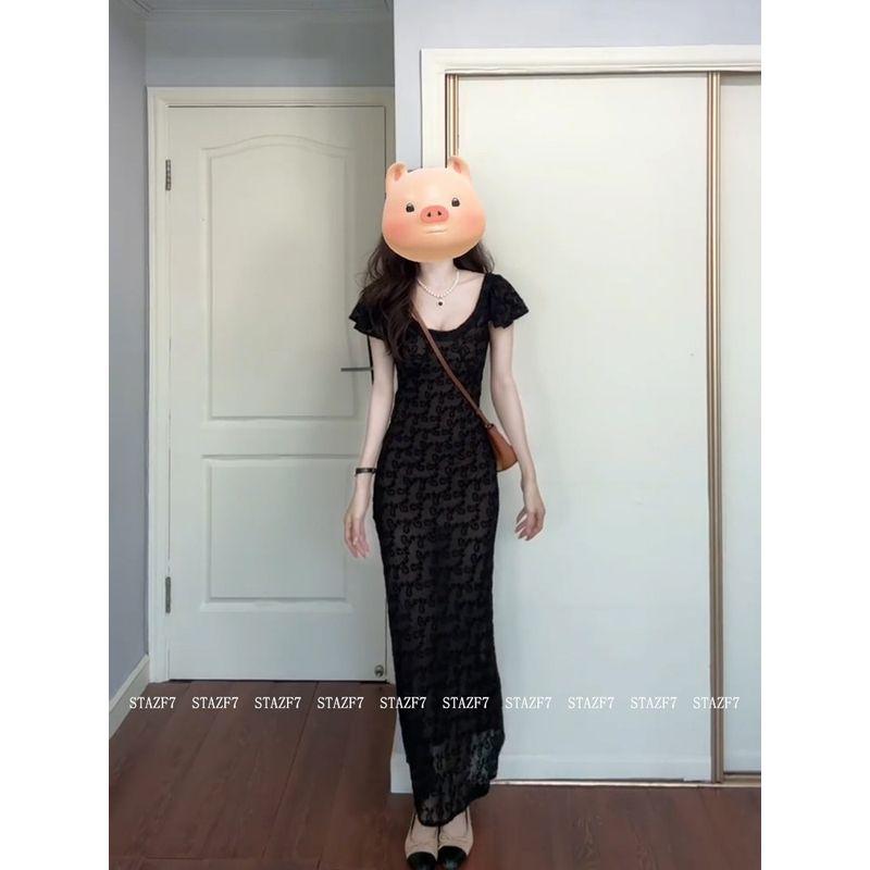 Youmeizi Stazf7 Plus Size Ladies French Pure Desire Flying Sleeve Dress Female Summer Elegance Retro Black Waist-Slimming Long Dress