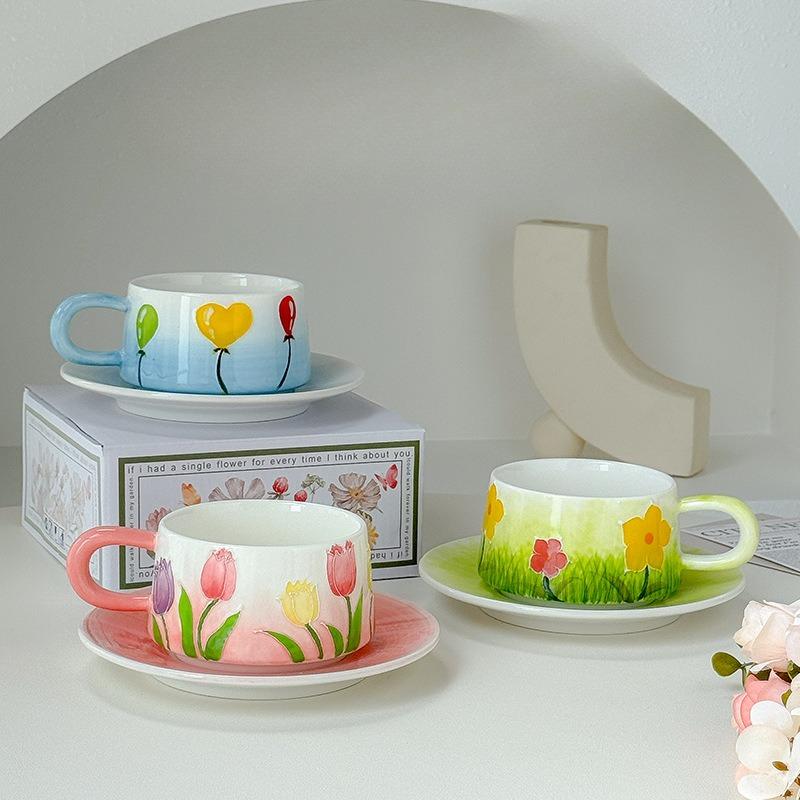 Yimei Retro Hand Painted Pink Mug  Tulip Ceramic Afternoon Tea Coffee Cup Appearance Level Niche Original Gift