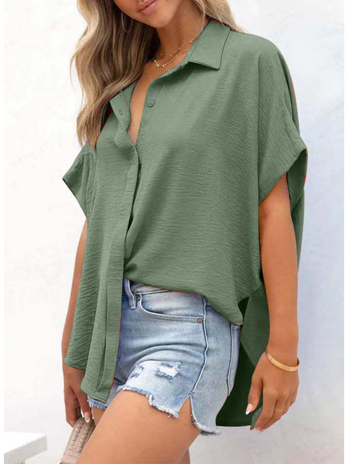 2025 Summer Women's Casual Solid Color Button Short Sleeve Shirt