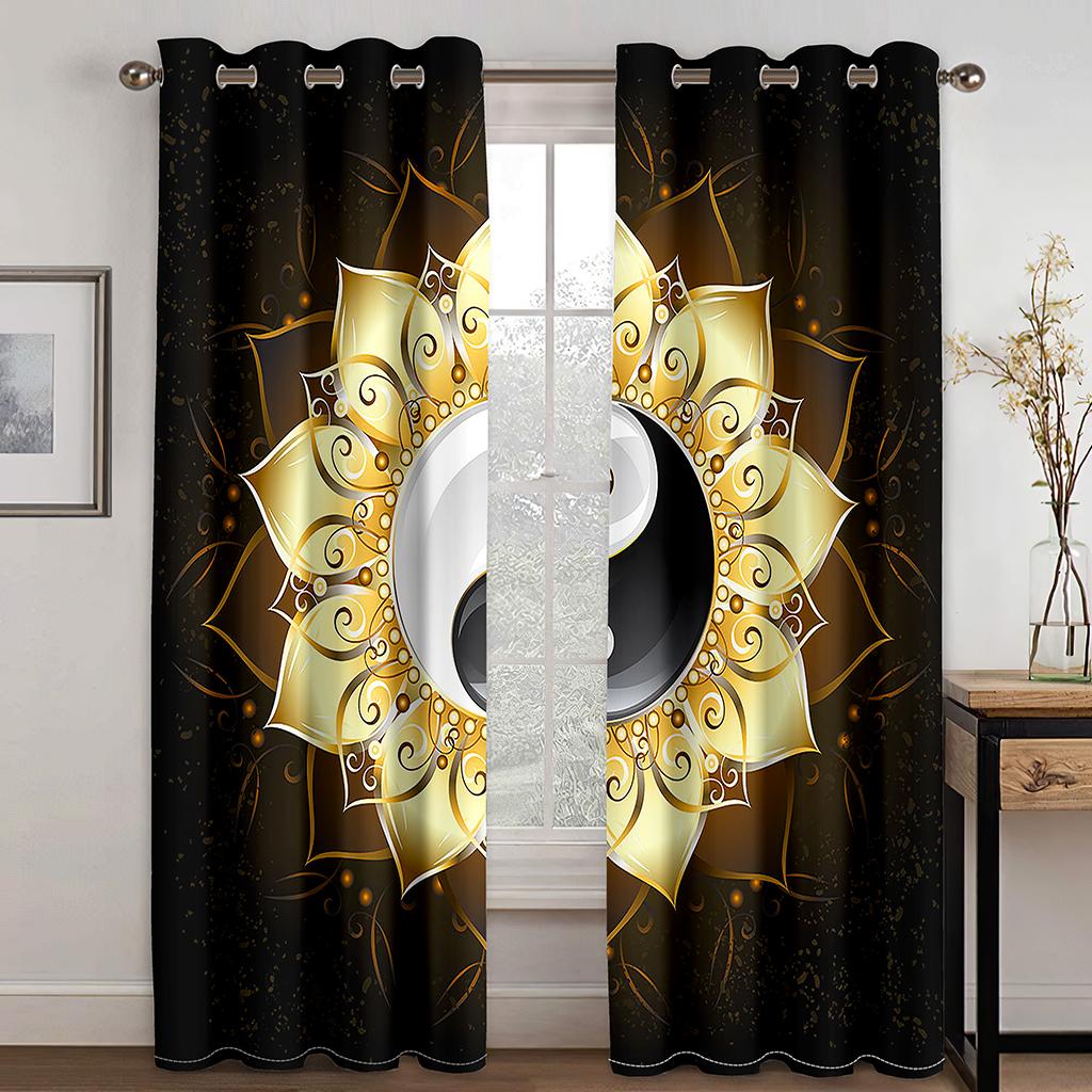 Chinese Tai Chi Pattern Black and Gold Black and White Curtains, a Set of Two Pieces, Home Bedroom Living Room Curtains