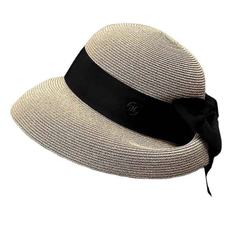 French Elegant Back Fold Bow Straw Hat Women'S Summer Travel Sun Hat Beach Seaside Vacation Sun Protection Basin Hat