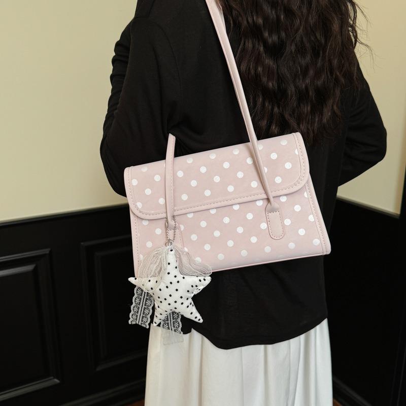 Sweet-style Flap Shoulder Bag, Y2K-inspired Polka Dot Baguette Bag, Underarm Bag with Lace Star Charm, Preppy Everyday Shoulder Bag.