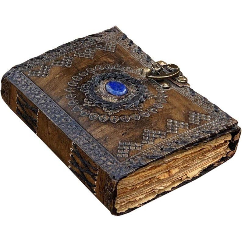 

Embossed Vintage Leather Journal with Lapis Lazuli Stone Book of Shadows Grimoire Handmade Sketchbook Wiccan Spell Book Gift Lock Artbook 7 x 5 in
