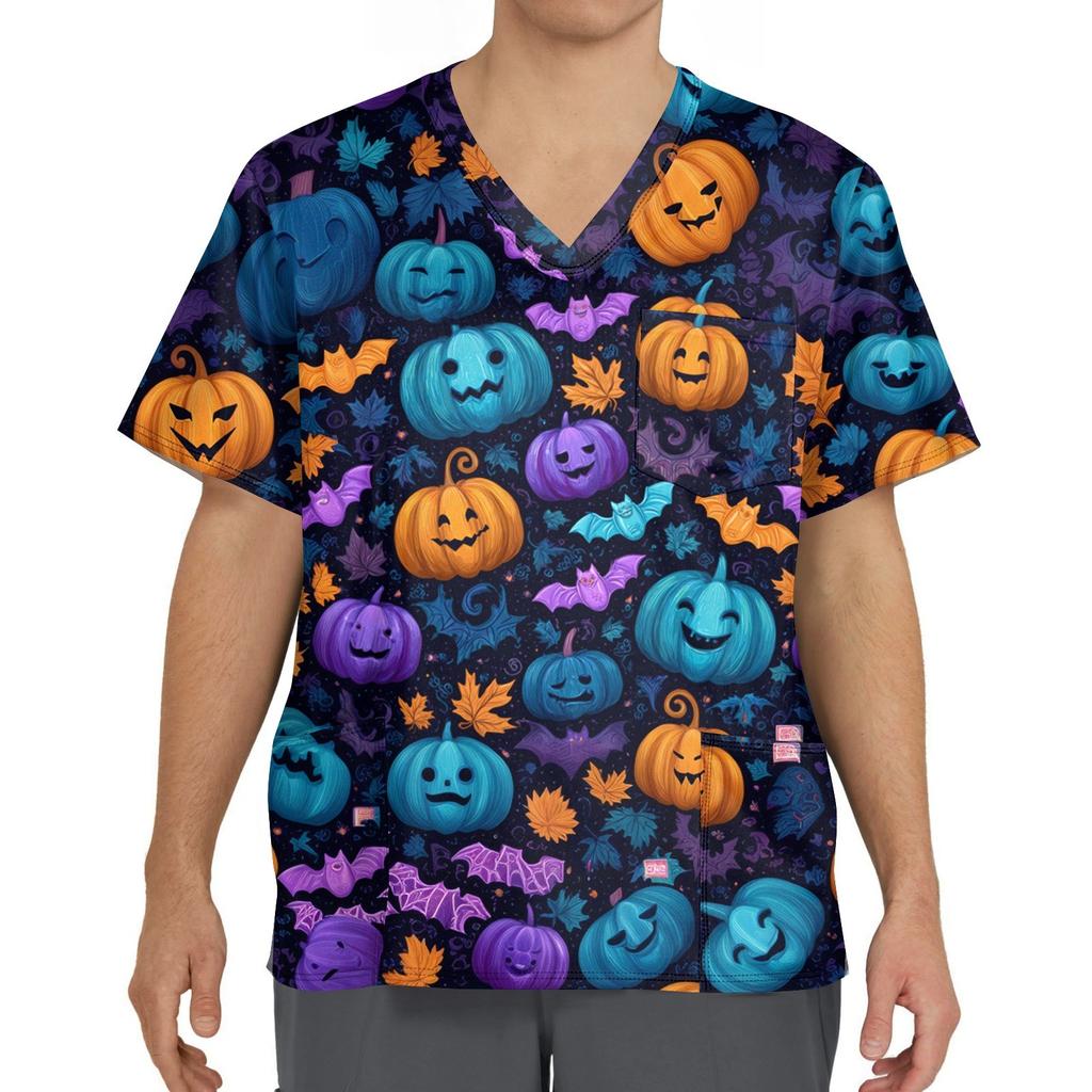 Men's Short Sleeve V-Neck Halloween Print Chest Pocket Care Top