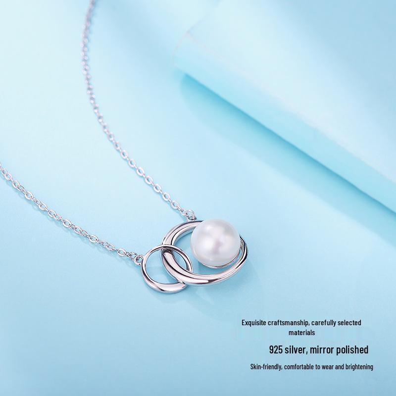 S925 Sterling Silver Freshwater Pearl Necklace for Women with Interlocking Rings Design