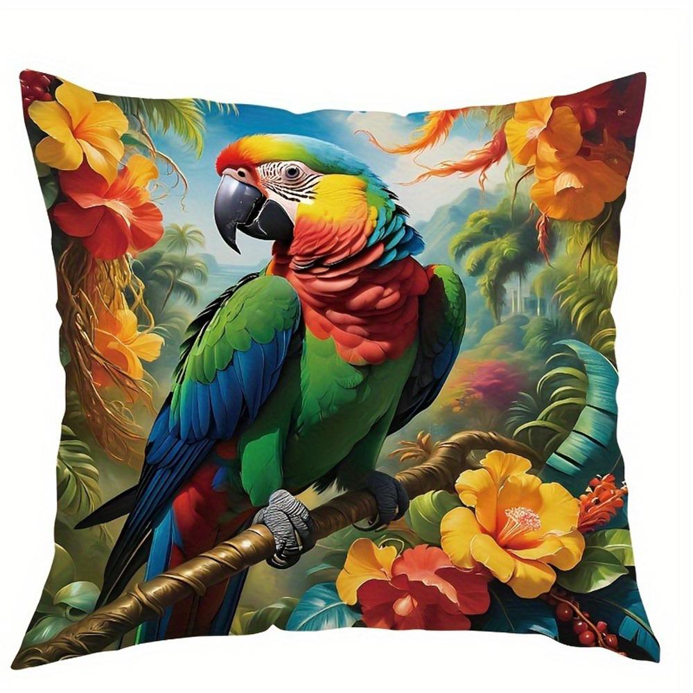 Vivid Parrot & Tropical Floral PillowcasesLiving Room Sofa Cushion Cover, Soft and Comfortable, Bedroom Room Decoration