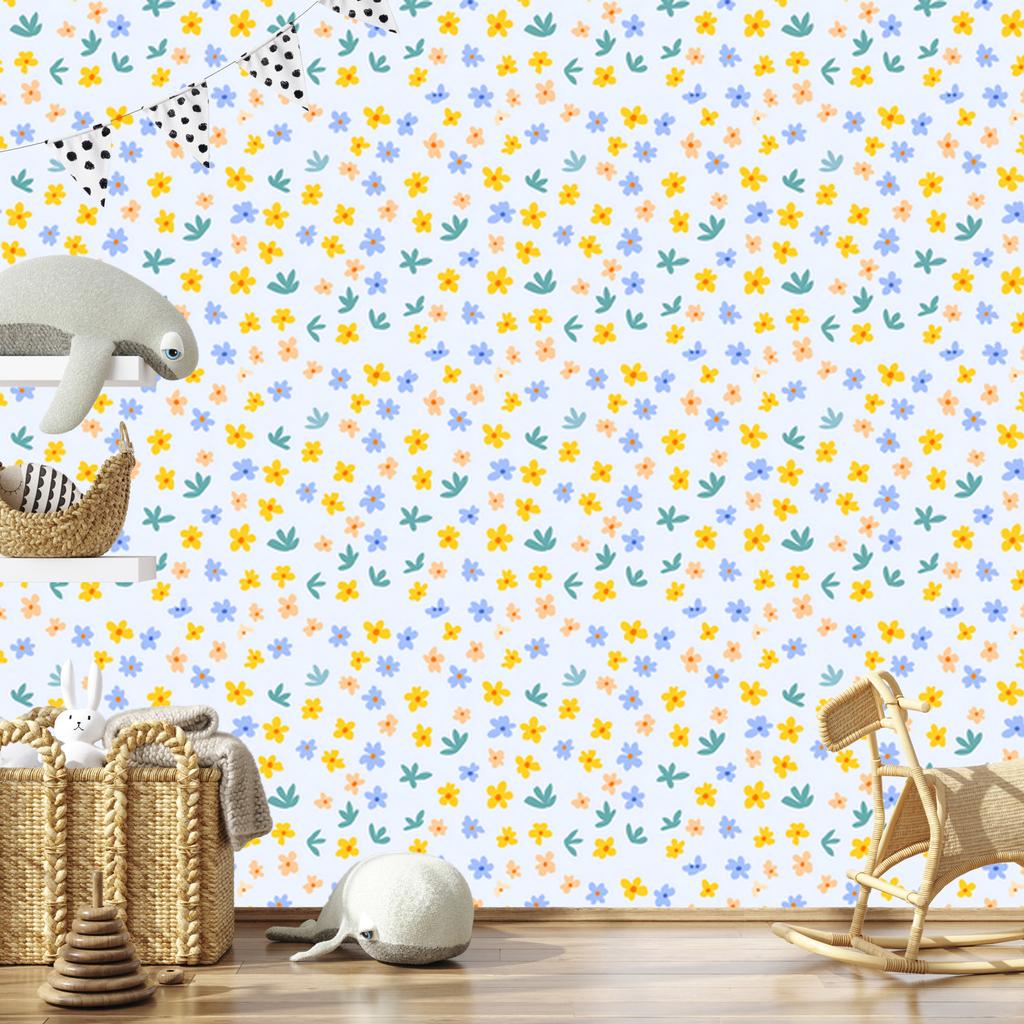 Wallpaper Flowers White, Cream and Azure for Living Room and Bedroom 50x1000
