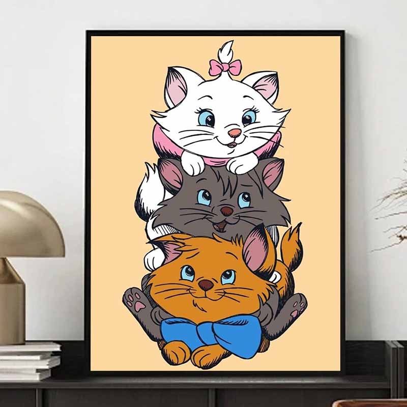 Disney Diamond Painting 5D The Adventures of the Cats Three Kittens Stacking Illustration DIY Gift Suitable for Living Room Bedroomofficeandhomedécor