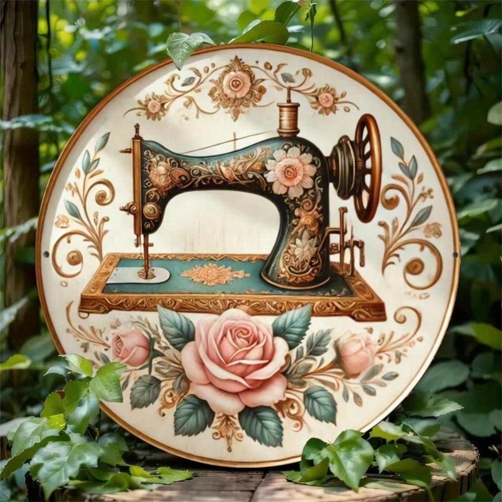 Floral Sewing Machine Iron Wall Art Pink Roses Blue Fabric Easy Hang Home Decor Living Room Bedroom Kitchen