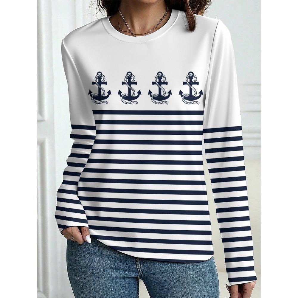 Damen T-Shirt Outdoor Freizeit Langarm Gestreift Anker Muster 3D Druck Oberteile Straße Rundhals Herbst Übergroß Kleidung