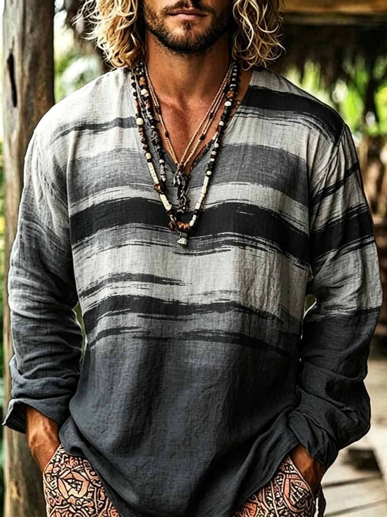 Camicie da uomo europee e americane in stile bohémien da resort, con scollo a V e maniche lunghe. Il Design a Stampa Geometrica è Trendy e Originale.