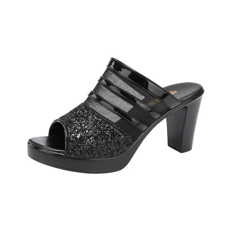 8cm Small Size 32-43 Summer Elegant Bling Mesh Leather Slippers Platform Slides 2026 Women's Block High Heels Shoes Office Party