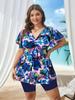 Plus Size European & American Floral Split Tankini Swimsuit Set - Lake Blue