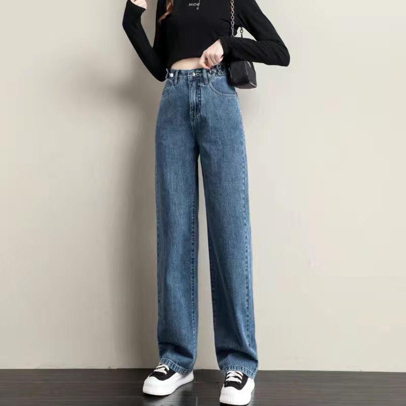 Women's High Waist Fleece-Lined Wide-Leg Jeans, Plus Size, Winter 2025, Slimming Straight-Leg, Floor-Length.