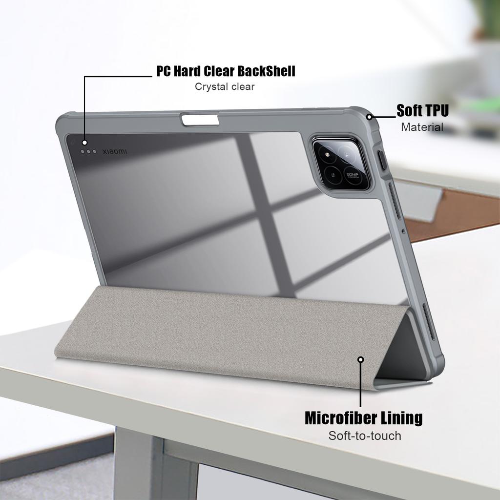 For Xiaomi Pad 7 Pro/Pad 7 Case Tri-fold Stand PU Leather+TPU+Clear PC Back Cover