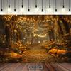 2D Plane 1 Piece of Magic Forest Path Background Fabric - Golden Autumn Leaves Glowing Branches and Pumpkin Decorations