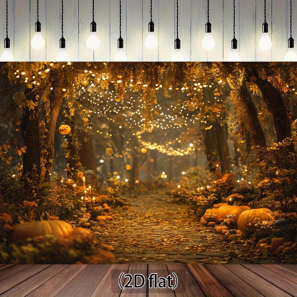 Piano 2D 1 pezzo di tessuto di sfondo per sentiero nella foresta magica - foglie autunnali dorate rami luminosi e decorazioni di zucche