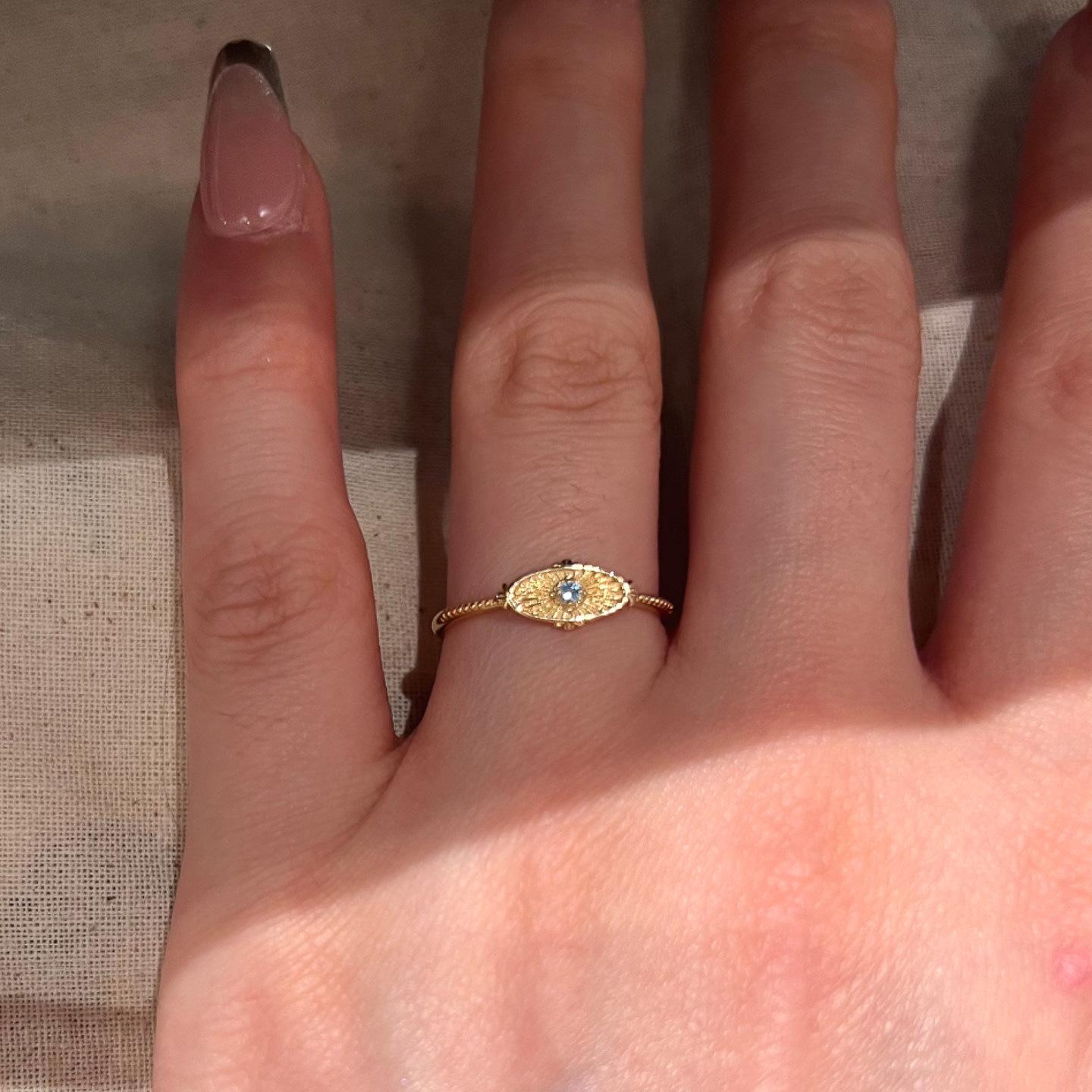 Xiaohongshu Retro Blue Diamond Oval Ring: Beaded Edges, Fashionable & Versatile Adjustable Open