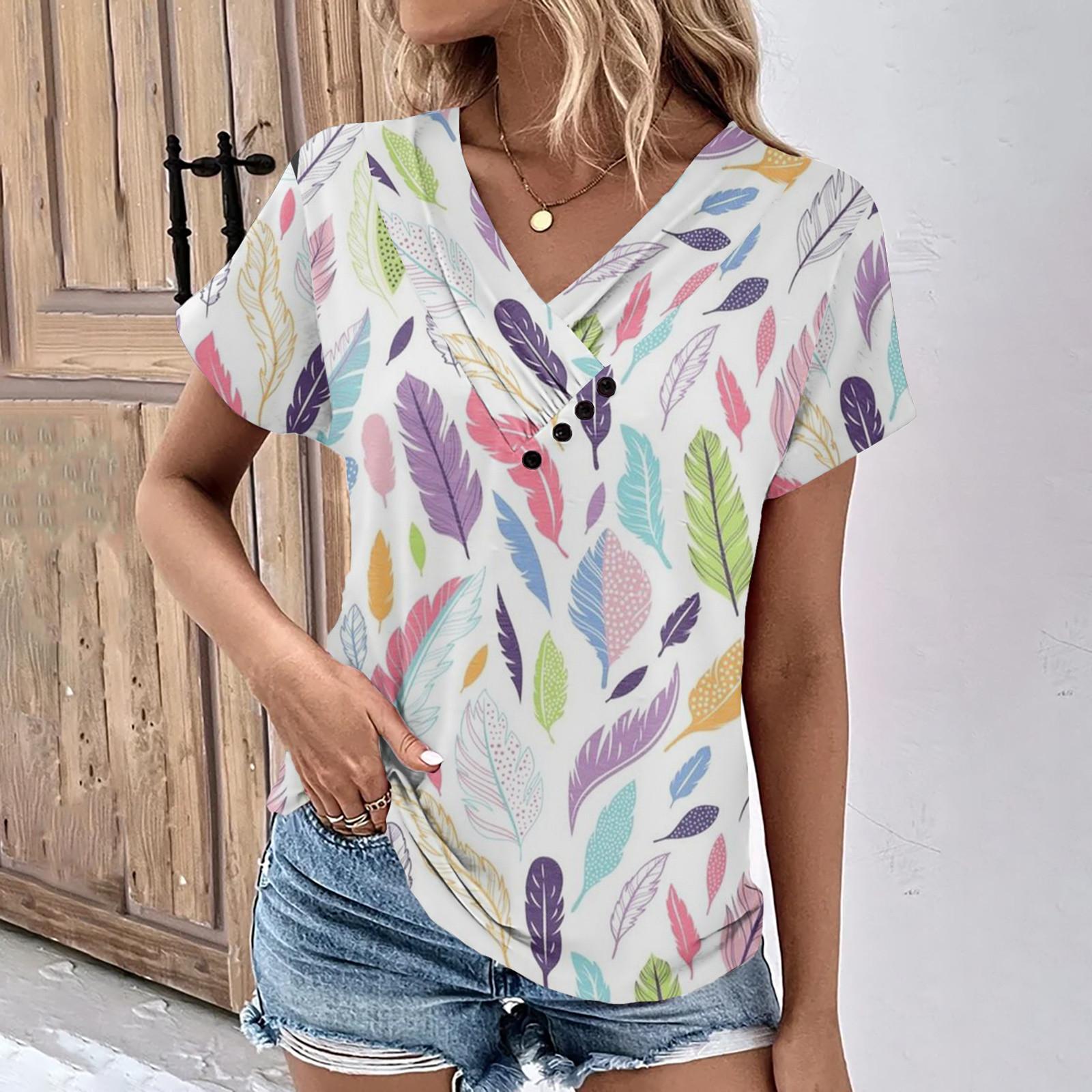 

Летние женские топы с цветочным узором для женщин, удобные женские топы с v-образным вырезом и короткими рукавами, футболки большого размера L фиолетовый