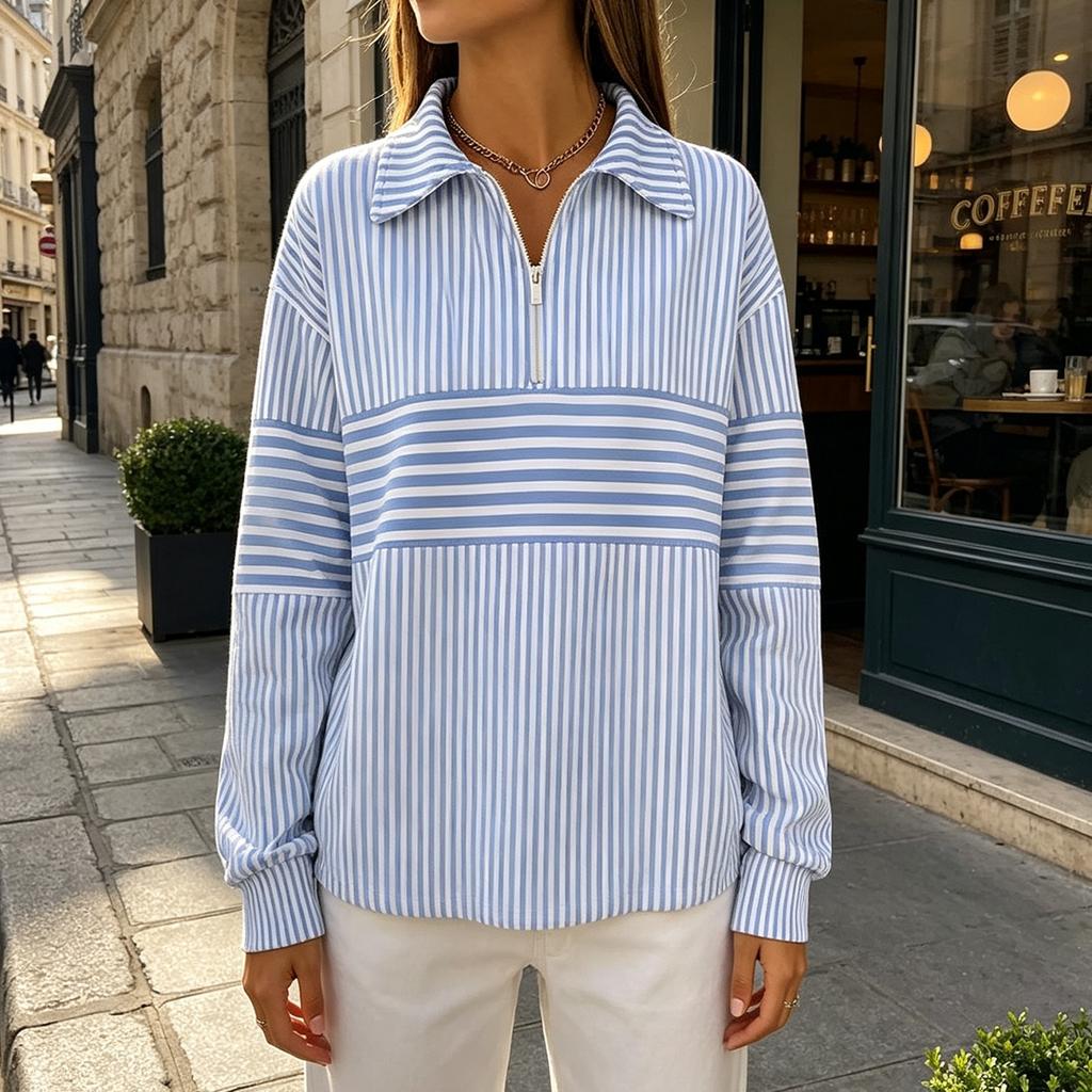 Women's Half-Zip V-Neck Long Sleeve Striped Print Sweatshirt Casual Fall Winter Pullover