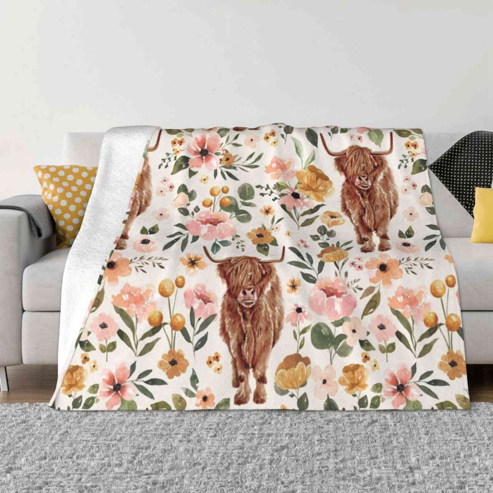 Highland Cow Boho Floral Soft Warm Light Thin Blanket Highland Cow Boho Floral Vintage Floral Watercolor Cow Watercolor Floral 30x40in