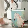1pc Laundry Basket, Round Laundry Basket, White Horse Rose Pattern, Foldable with Handle, Large Capacity Multi-Purpose, Portable Design, Home Finishin