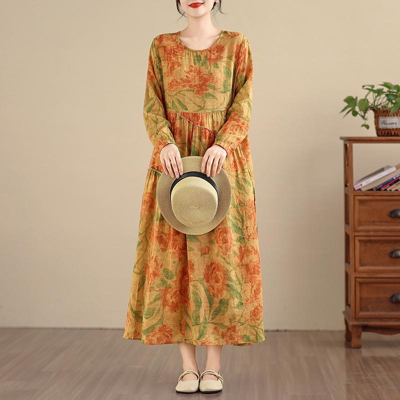 DIMANAF Yeni 2025 Kadın Büyük Beden İlkbahar Uzun Elbise Bol Temel Vintage Oversize Uzun Kollu Maksi Çiçekli