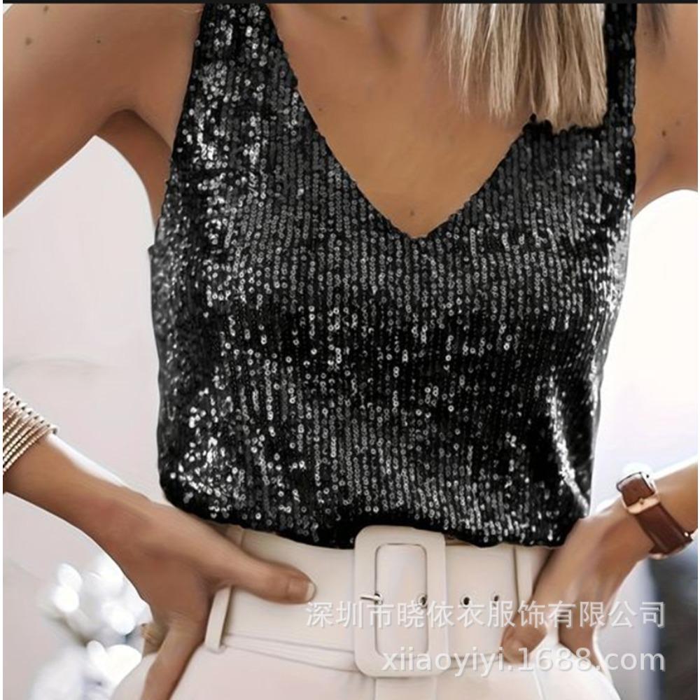 European and American sexy women s sequins summer light mature sexy V-neck women s vest S чёрный