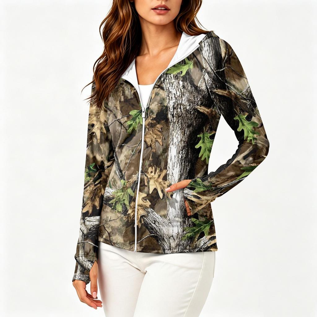 Women's Lightweight Zip-Up Hooded Jacket with Long Sleeves Pockets and Camouflage Print Sun Protection Outerwear