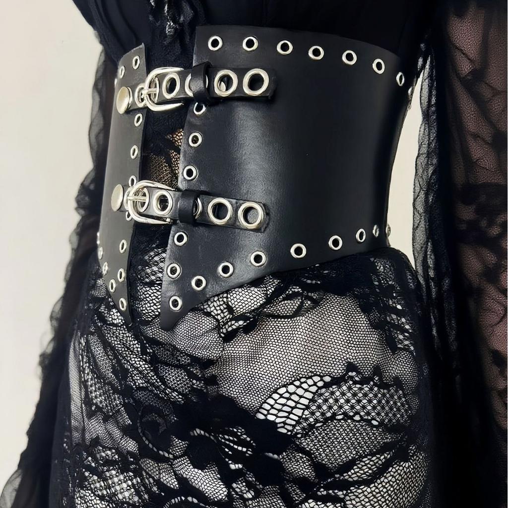 European and American Gothics Are Black Rivets and Air-eye Waist Seal, Ultra-wide Dark Rope Strap Waist Decoration